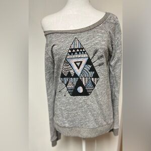 Volcom Heather Gray Off The Shoulder Sweater with Geometric Design Surfer Style